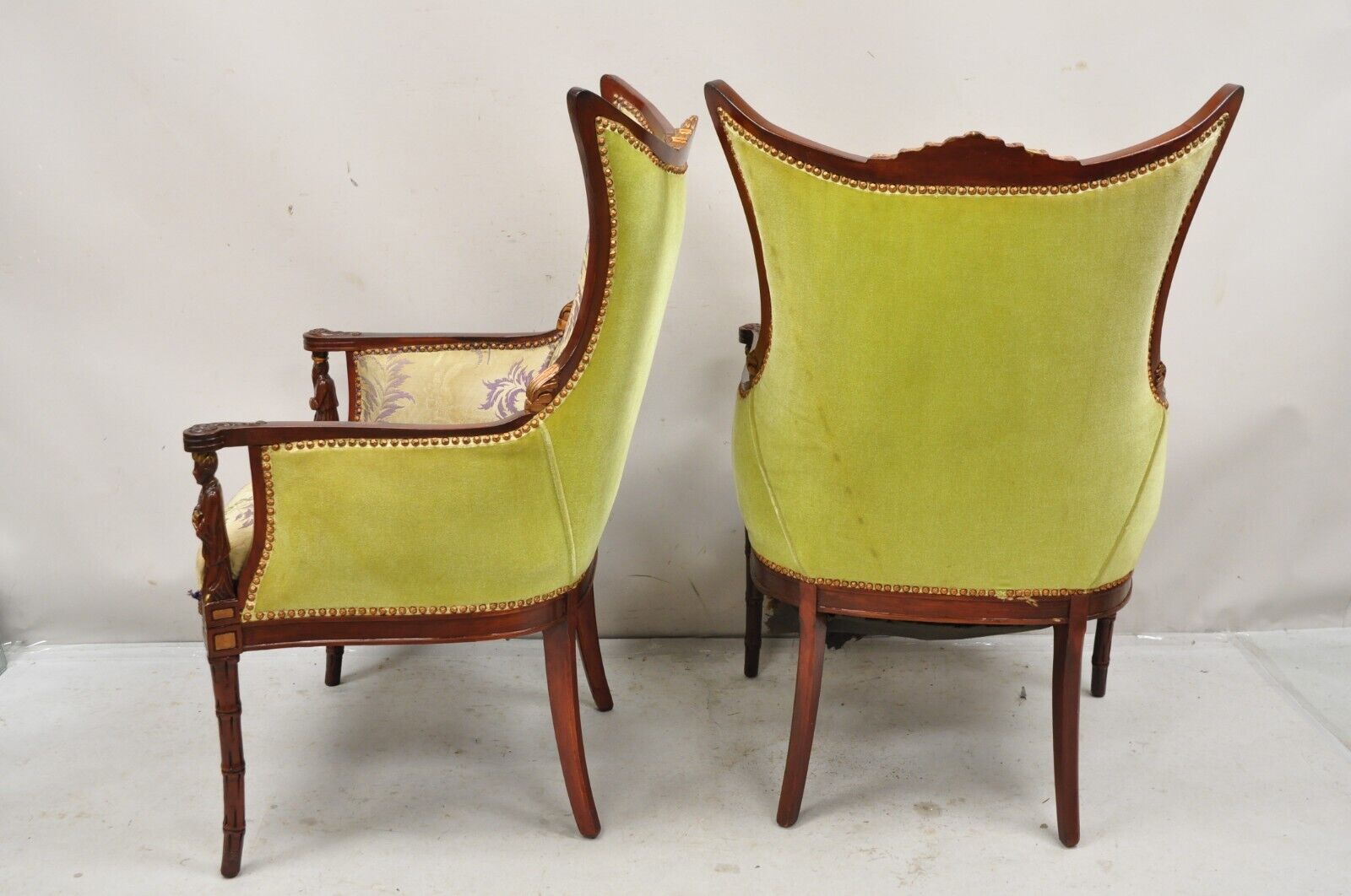 Vintage Chinoiserie Pagoda Figural Mahogany Fireside Parlor Lounge Chairs - Pair