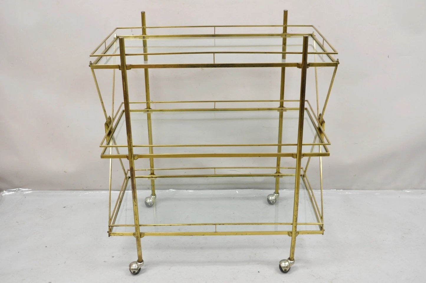 Mid Century Italian Modern 3 Tier Brass & Glass X-Frame Rolling Bar Cart Table
