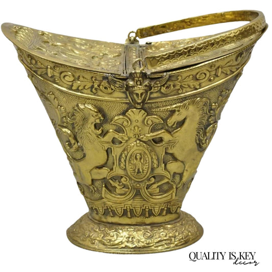 Antique English Renaissance Unicorn & Lion Brass Figural Coal Bucket Log Bin