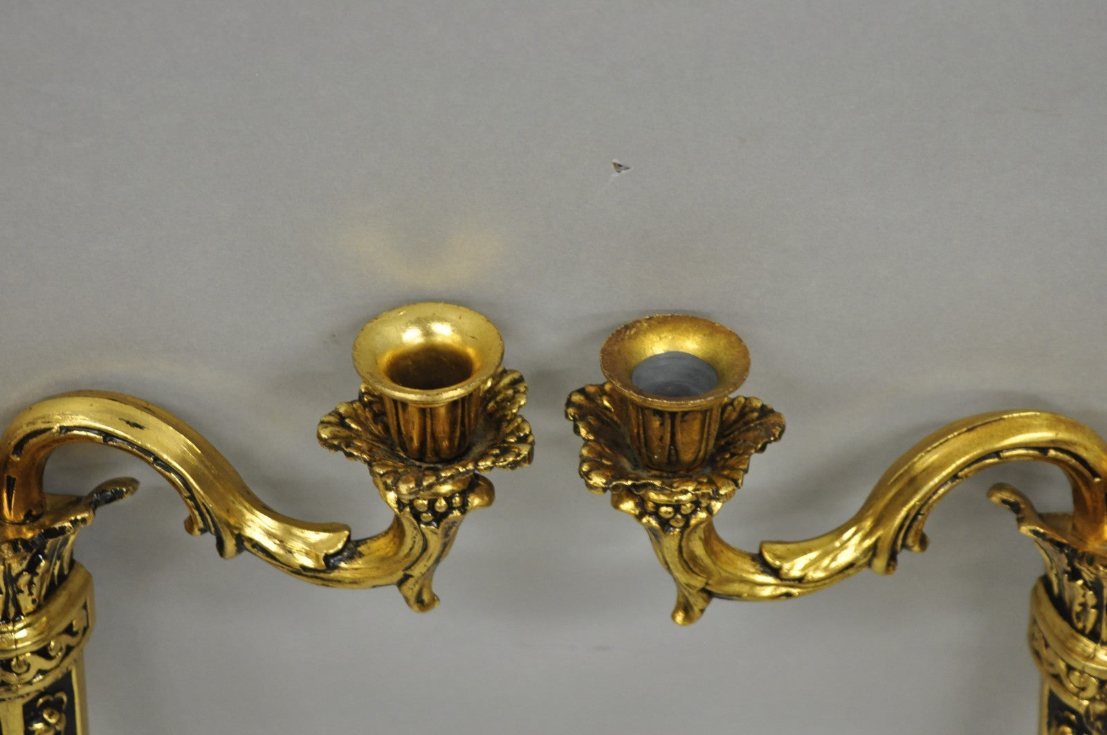 Vintage French Empire Gold Gilt Metal 3 Arm Torch Candelabra Wall Sconces a Pair