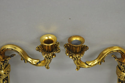 Vintage French Empire Gold Gilt Metal 3 Arm Torch Candelabra Wall Sconces a Pair