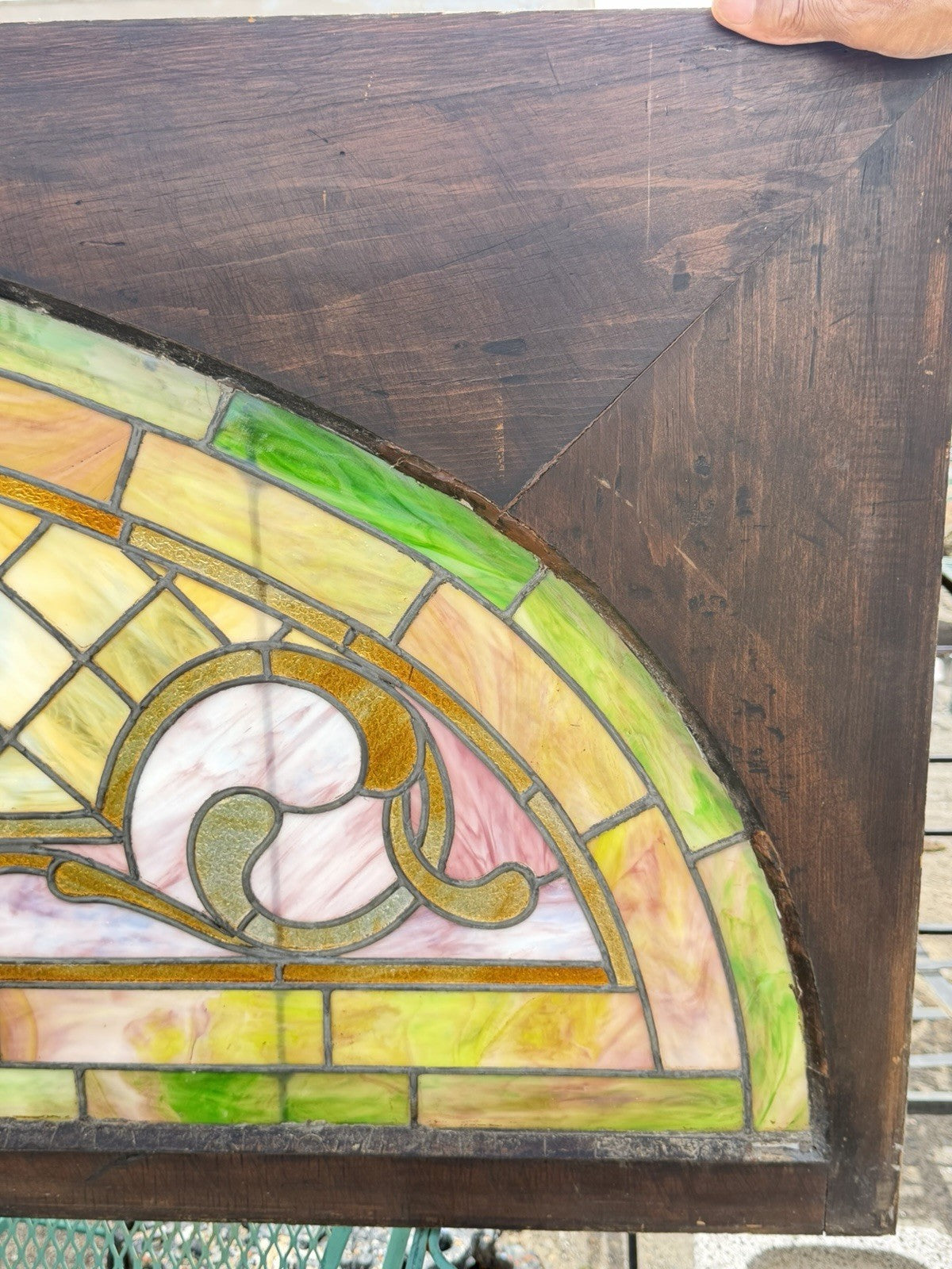 Antique Art Nouveau Colored Stained Glass Fruit 27 x 75 Arched Transom Window, B