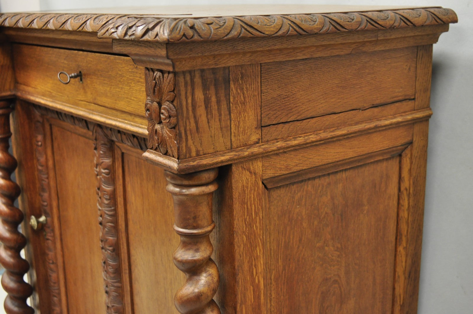 Antique Renaissance Revival Oak Wood Spiral Barley Twist Jelly Liquor Cabinet