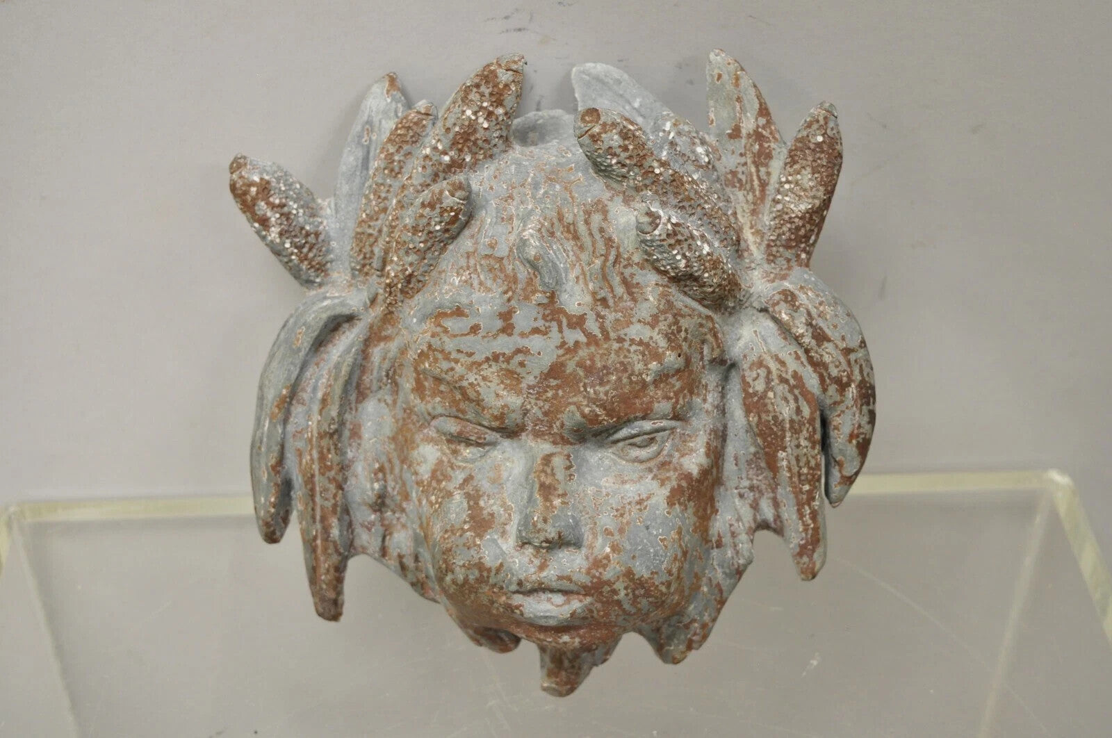 Antique French Neoclassical Small Lead Cherub Head Wall Fountain Garden Art