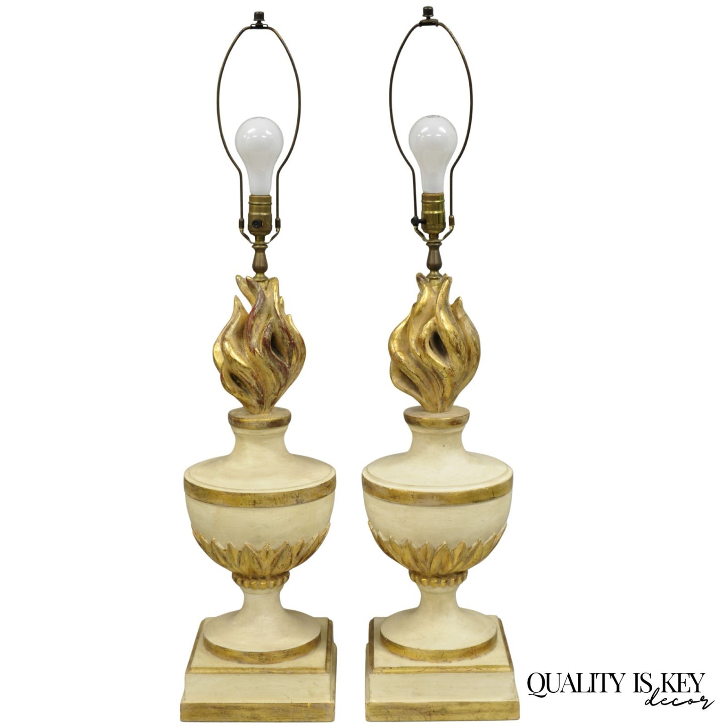 Vintage Italian Hollywood Regency Carved Wood "Burning Flame" Table Lamps - Pair