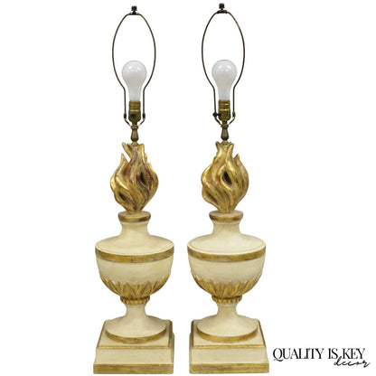 Vintage Italian Hollywood Regency Carved Wood "Burning Flame" Table Lamps - Pair