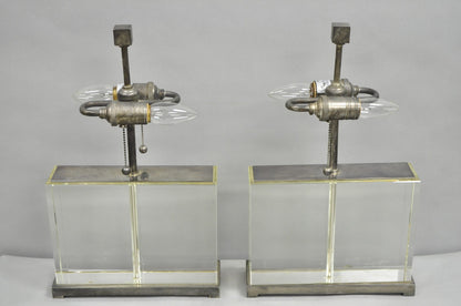 Modern Williams Sonoma Crystal Glass Block Phoenix Wide Table Lamps - a Pair
