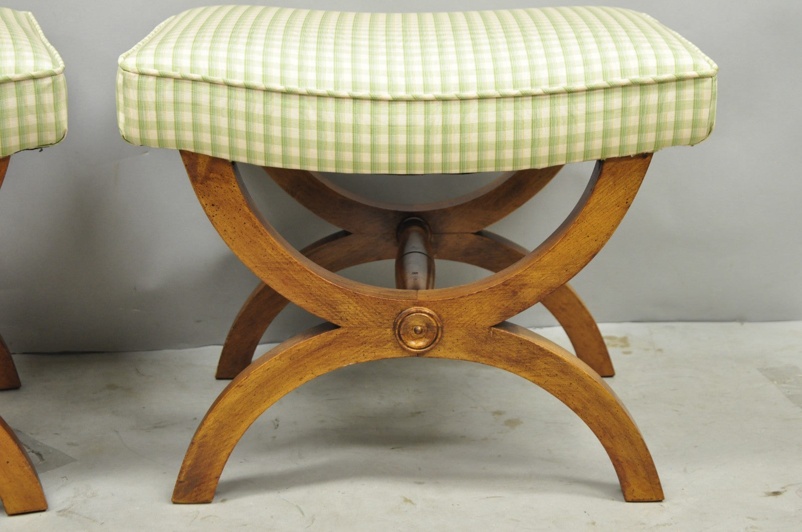 Vintage Italian Neoclassical Style Walnut Wood Curule X-Form Stool - a Pair
