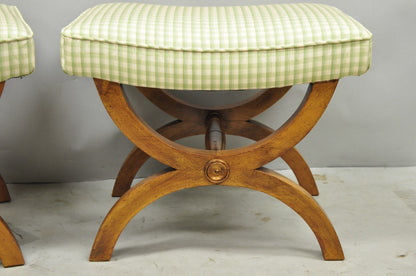 Vintage Italian Neoclassical Style Walnut Wood Curule X-Form Stool - a Pair