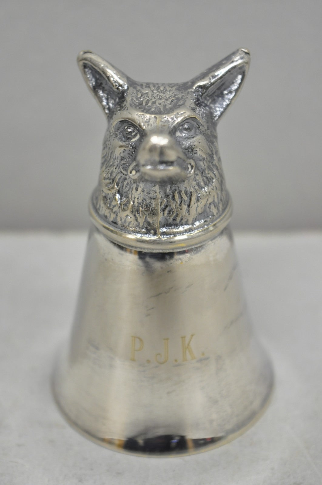 Vintage Pewter Fox Head Silver Plated Stirrup Cup Hunting Equestrian Shot Glass