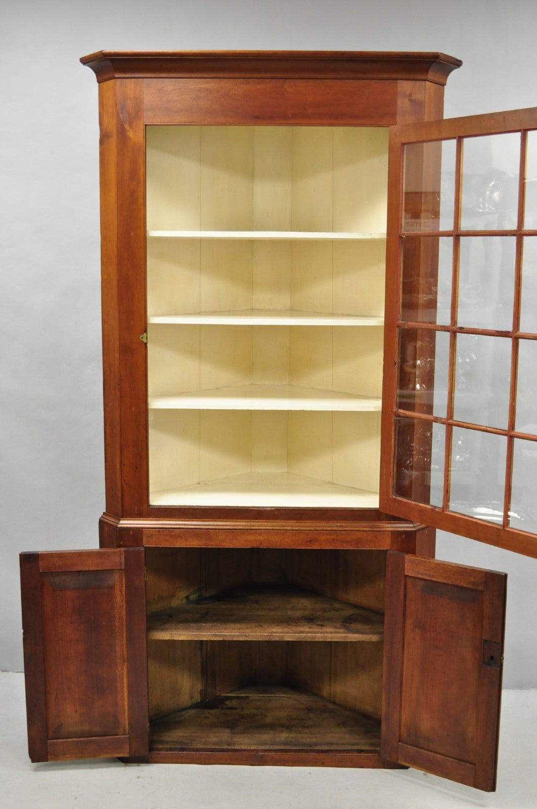 Antique Colonial Primitive Cherry Wood Glass Front Corner China Cabinet Cupboard