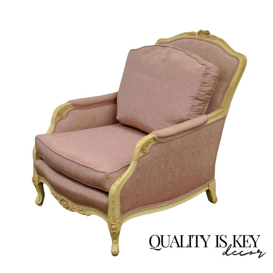 Vintage French Hollywood Regency Style Cream Carved Parlor Fireside Lounge Chair