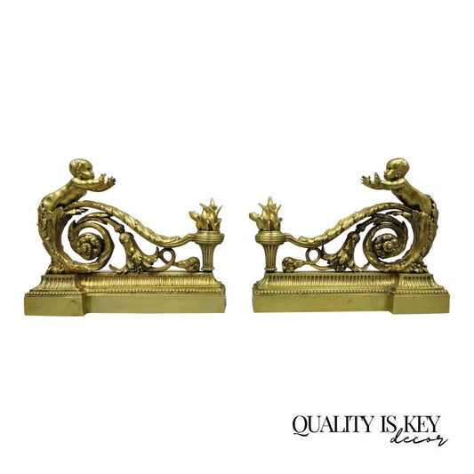 Antique French Louis XV Style Bronze Cherub Chenets Fireplace Andirons - Pair