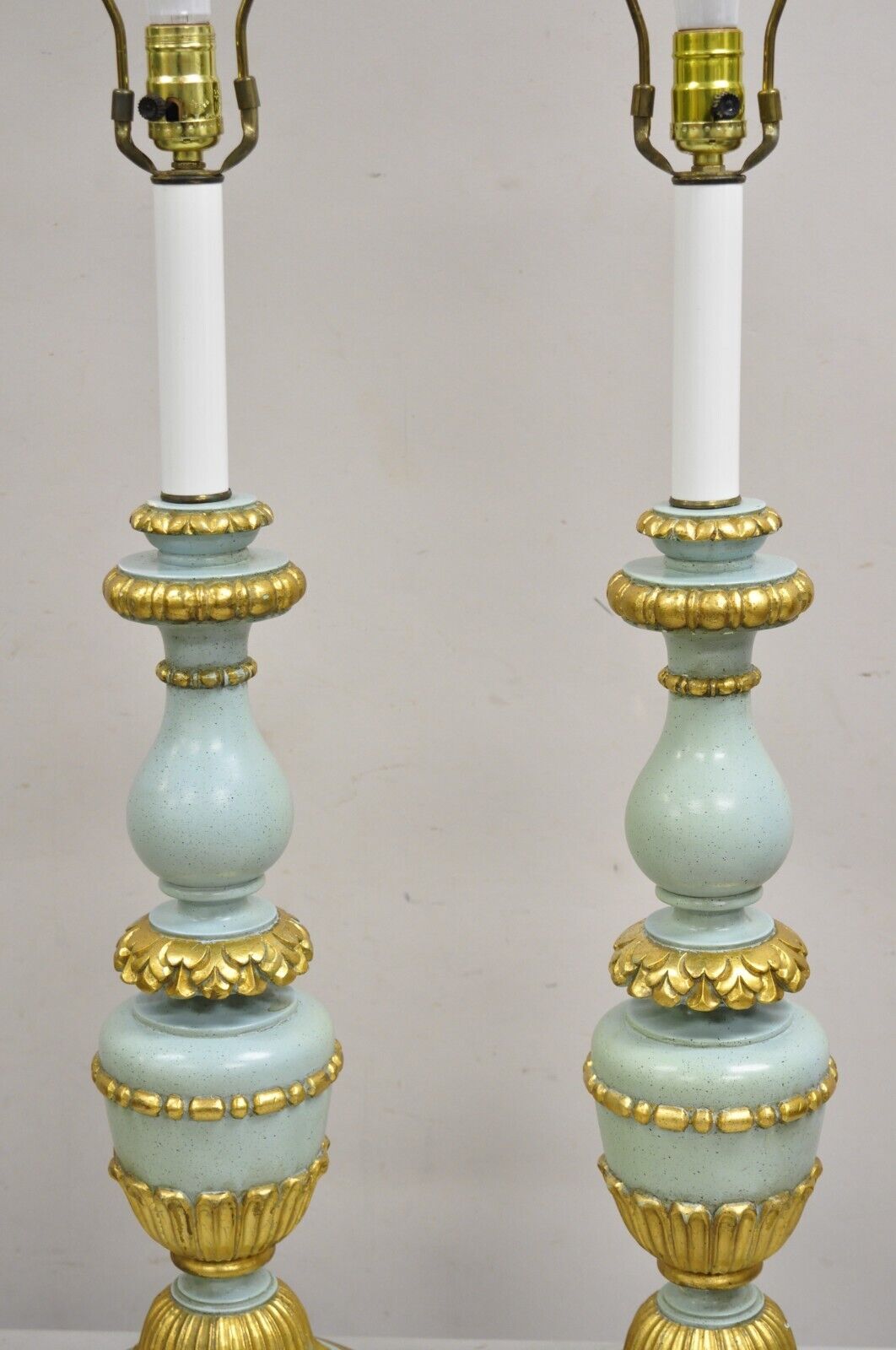 Italian Hollywood Regency Blue & Gold Carved Wood Candlestick Table Lamp - Pair