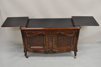 Karges French Louis XV Style Carved Mahogany Wood Dry Bar Rolling Buffet Cabinet