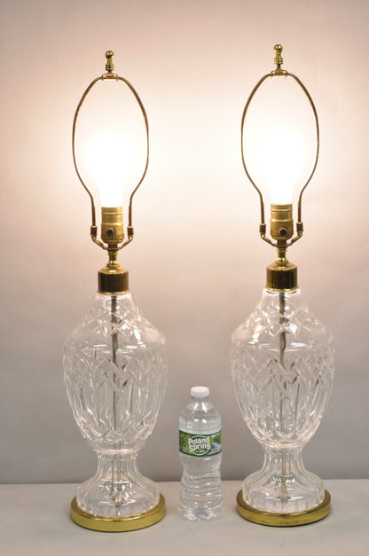 Vintage Waterford Cut Crystal Leaded Glass Urn Form Brass Table Lamps - a Pair