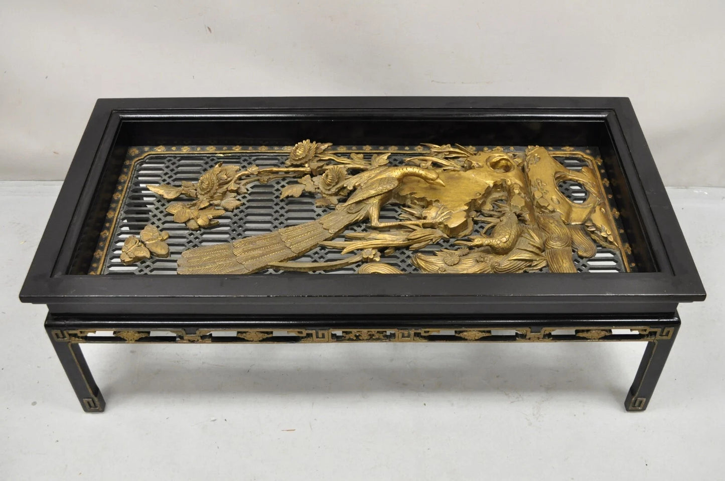 Vintage Chinese Relief Carved Ho ho Bird Glass Top Display Oriental Coffee Table