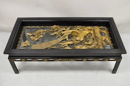 Vintage Chinese Relief Carved Ho ho Bird Glass Top Display Oriental Coffee Table