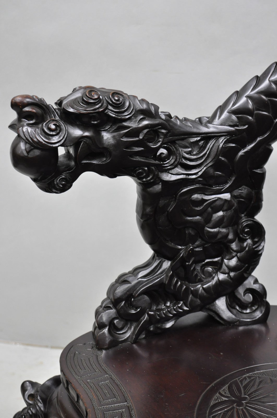 Antique Japanese Dragon Carved Wood Export Oriental Palace Lounge Arm Chair