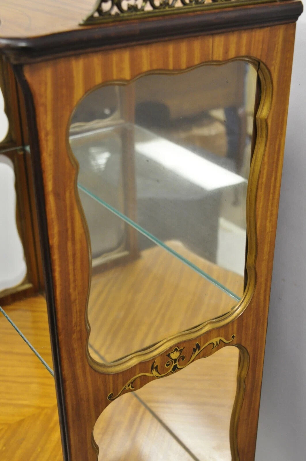 Antique French Louis XV Style Petite Curio Etagere with Satinwood Inlay & Mirror