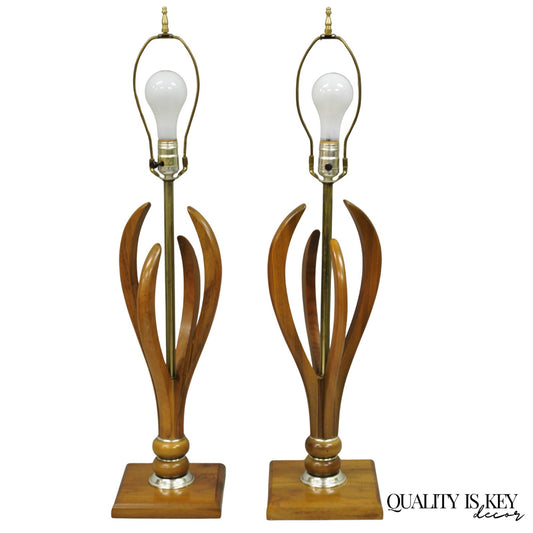 Vintage Mid Century Modern Sculptural Walnut Wood & Brass Table Lamps - a Pair