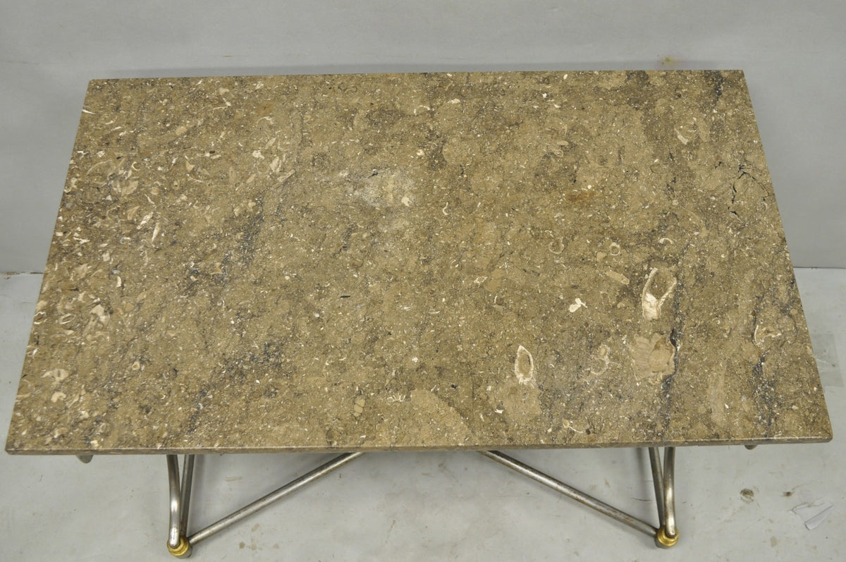Vintage Directoire Maison Jansen Style Steel & Brass Marble Top Console Table