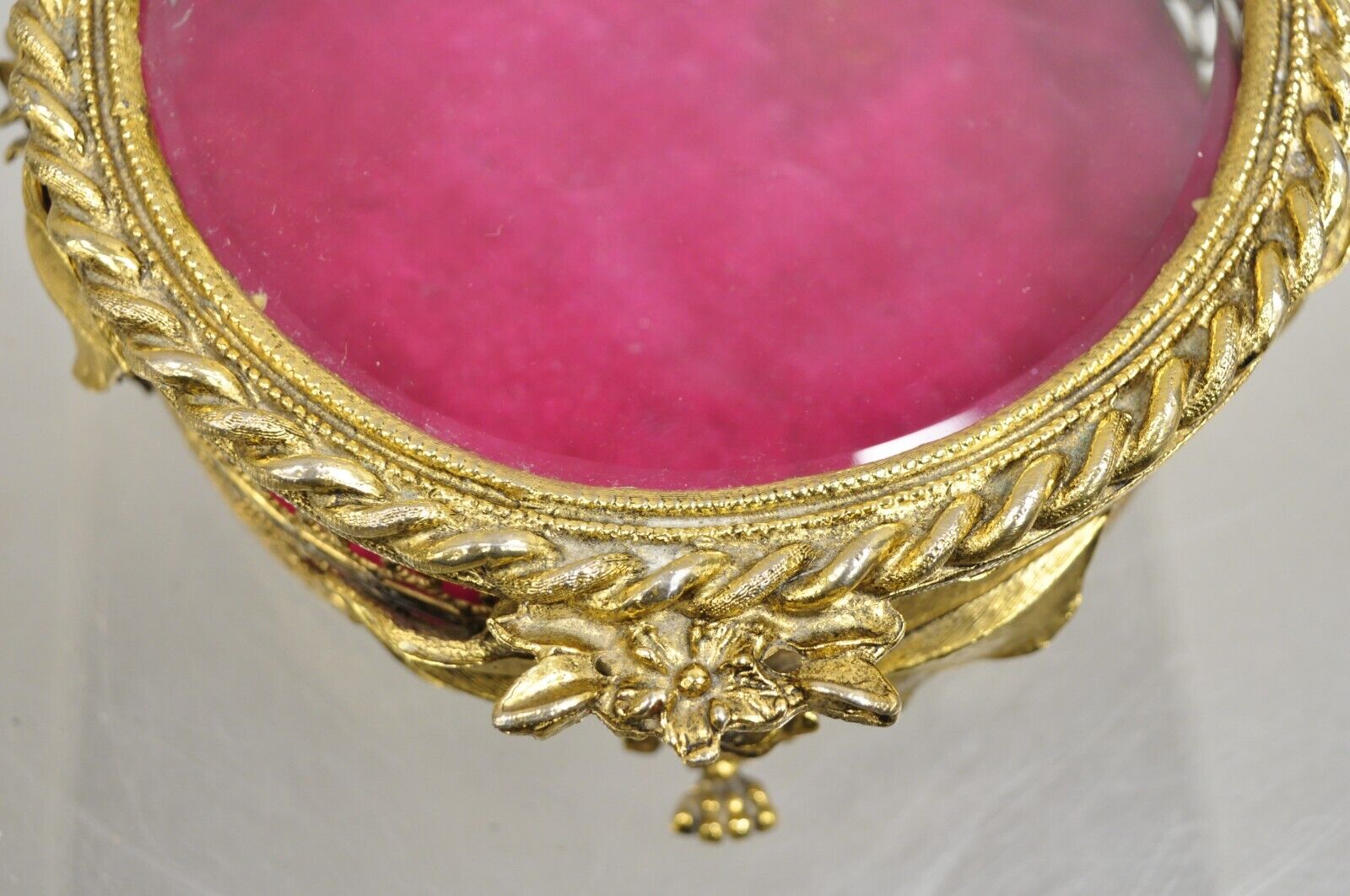 Vintage French Beveled Glass Gold Filigree Round Casket Jewelry Trinket Box