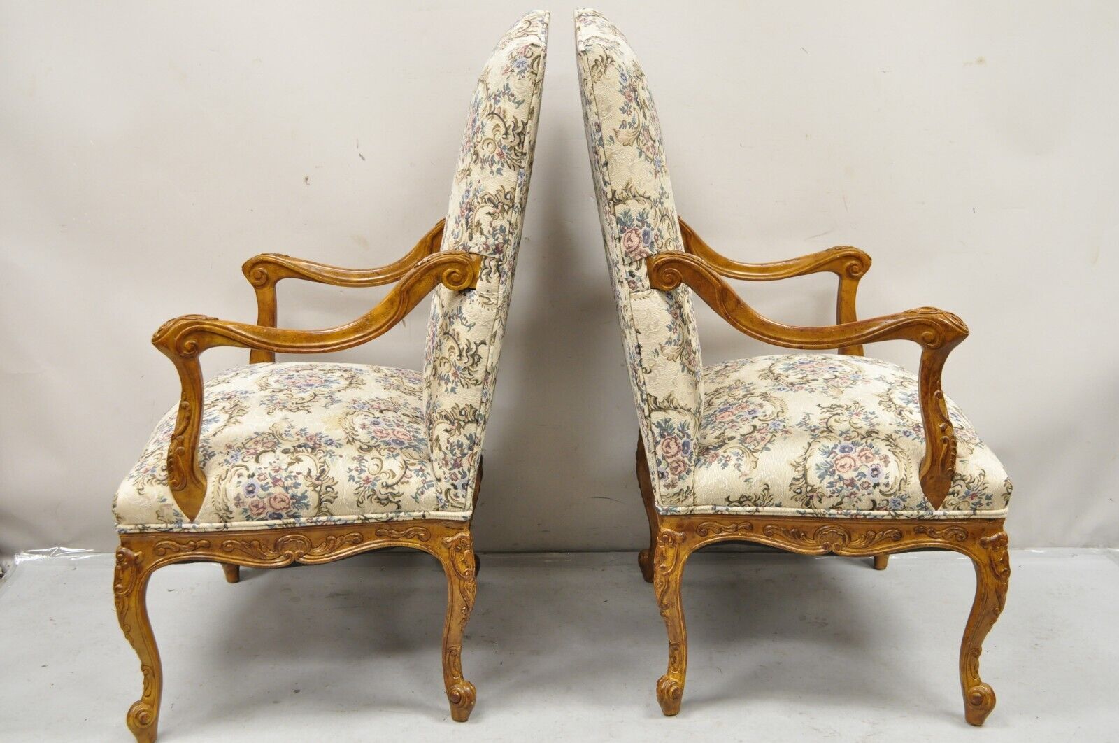 Pair French Country Style Carved Walnut Floral Upholstered High Back Arm Chairs