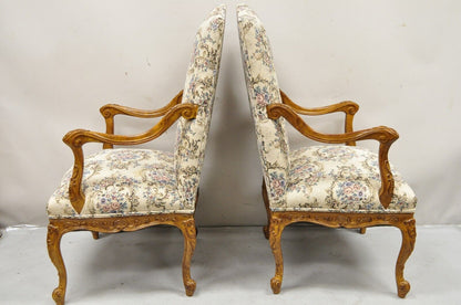 Pair French Country Style Carved Walnut Floral Upholstered High Back Arm Chairs