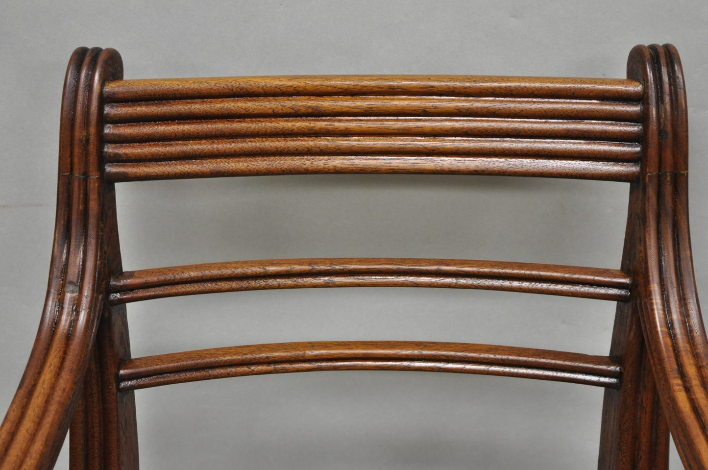 Vintage English Regency Style Cane Seat Mahogany Saber Leg Arm Chairs - a Pair