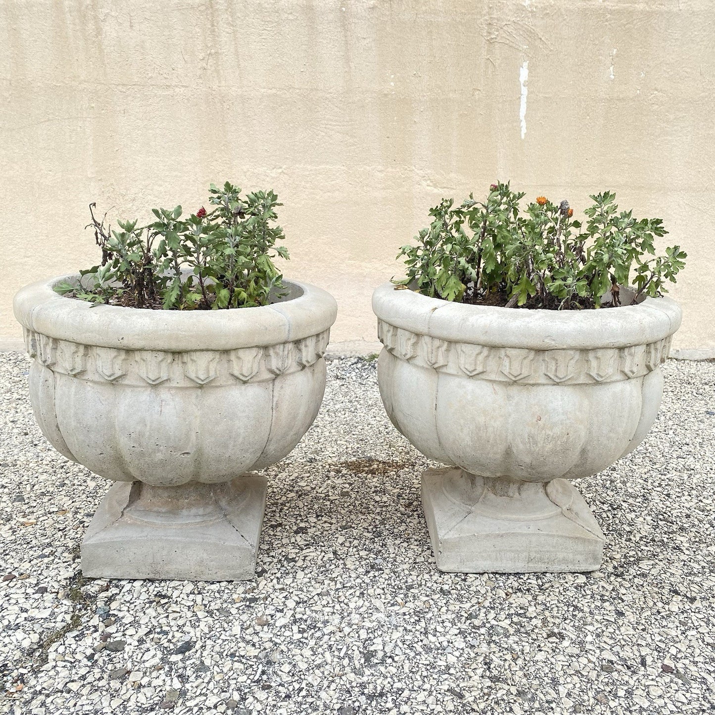 Vintage Cast Concrete Stone 15" Round Cement Urn Garden Planter Pot - a Pair