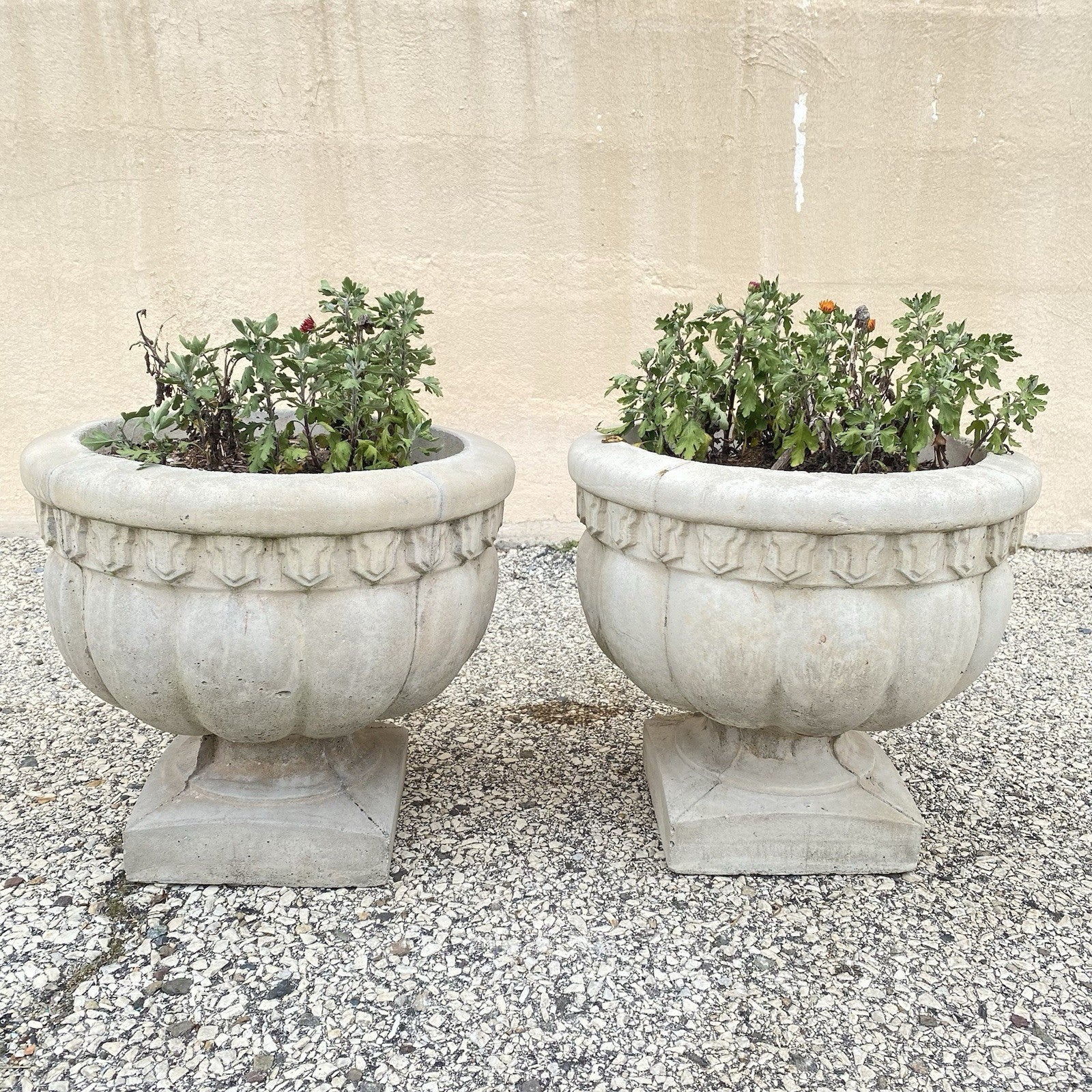 Vintage Cast Concrete Stone 15" Round Cement Urn Garden Planter Pot - a Pair