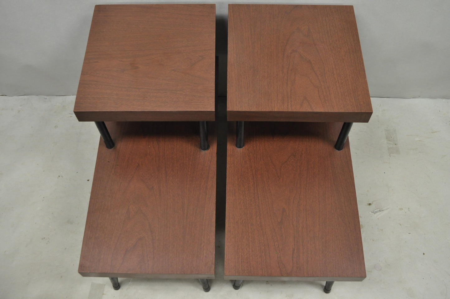 Vintage Mid Century Modern Two Tier Step Walnut Laminate Spindle End Table, Pair