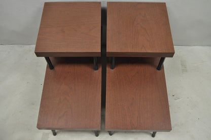 Vintage Mid Century Modern Two Tier Step Walnut Laminate Spindle End Table, Pair
