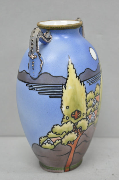 Antique Hand Painted Blue Nippon Porcelain Halloween Pattern Twin Handle Vase