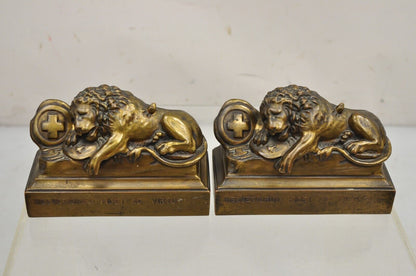 Antique Swiss Guard Bronze Lion Bookends Helvetiorum Fidei AC Virtuti "JB 1570"