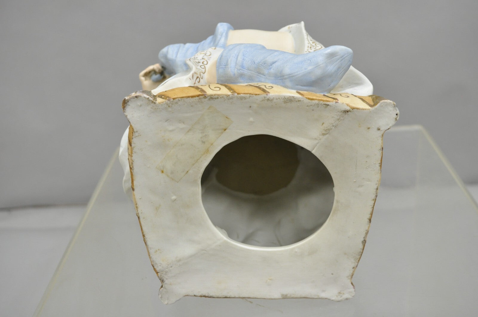 Antique Bisque Porcelain Seated Baby Figurine in Circular Glass Display Cloche