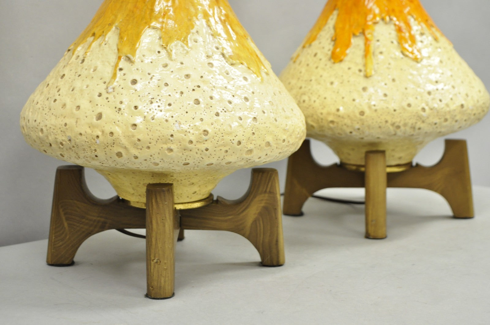 Vintage Mid Century Modern Orange Drip Glazed Ceramic Table Lamps - a Pair