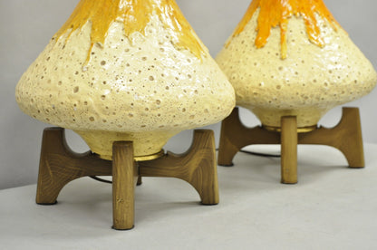 Vintage Mid Century Modern Orange Drip Glazed Ceramic Table Lamps - a Pair