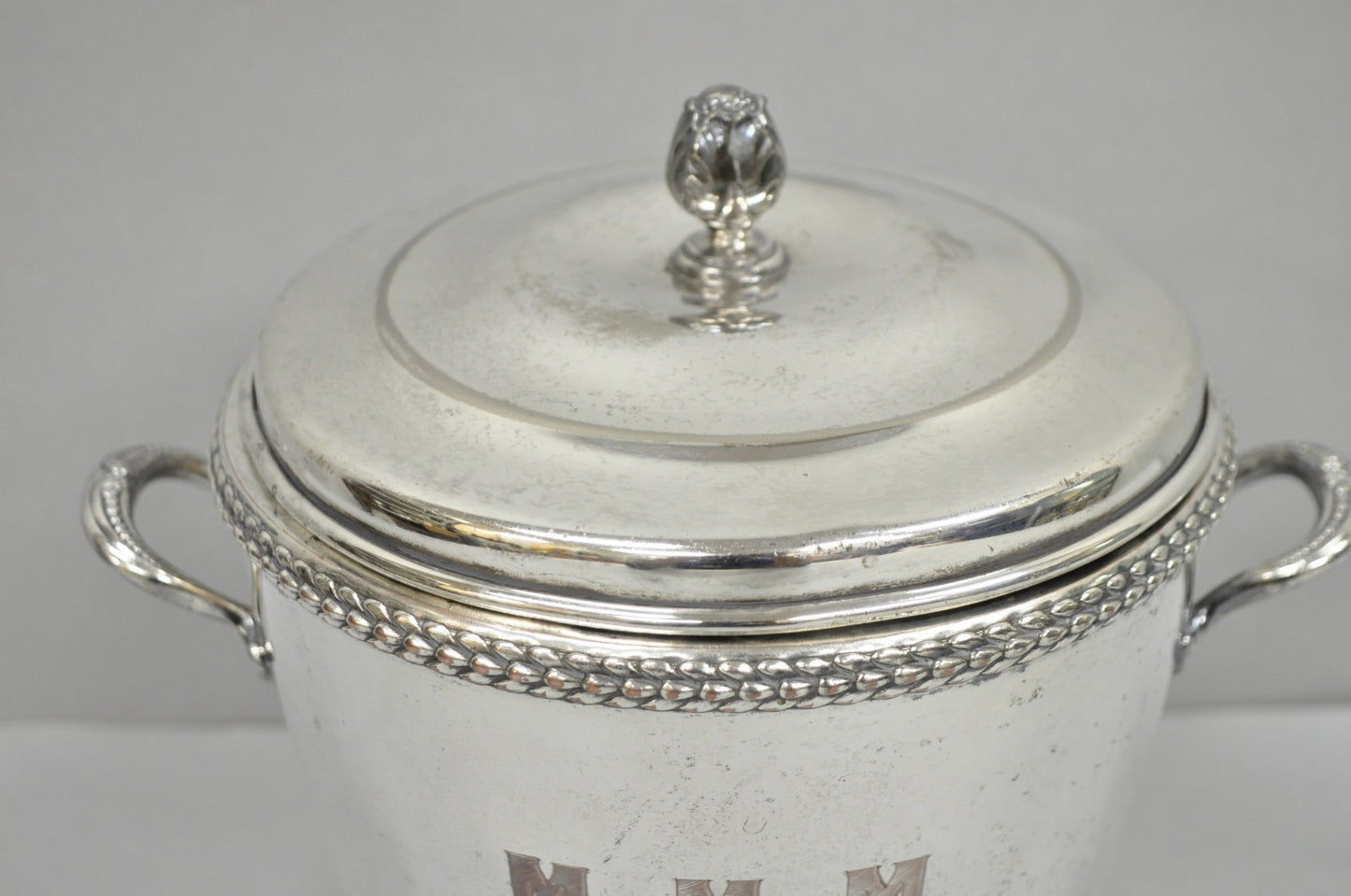 Vintage Art Deco Modern Silver Plated Lidded Bar Ice Bucket w/ "MMM" Monogram