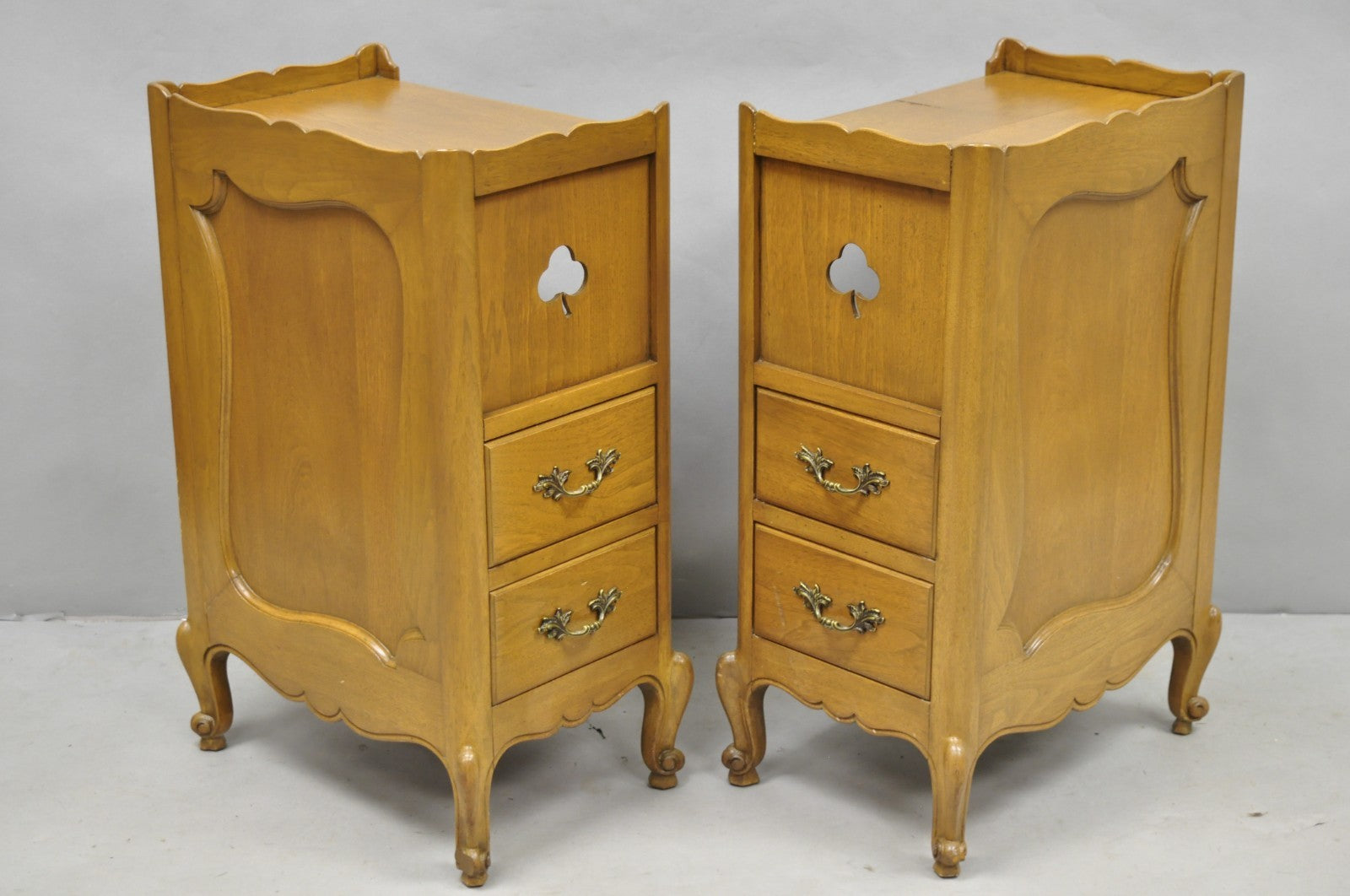 Vintage French Country Provincial Walnut Nightstand Bedside Table w/ Cubby, Pair