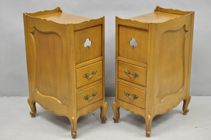 Vintage French Country Provincial Walnut Nightstand Bedside Table w/ Cubby, Pair
