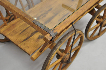 Antique French Primitive Wooden Goat Cart Wagon Farmhouse Glass Top Coffee Table