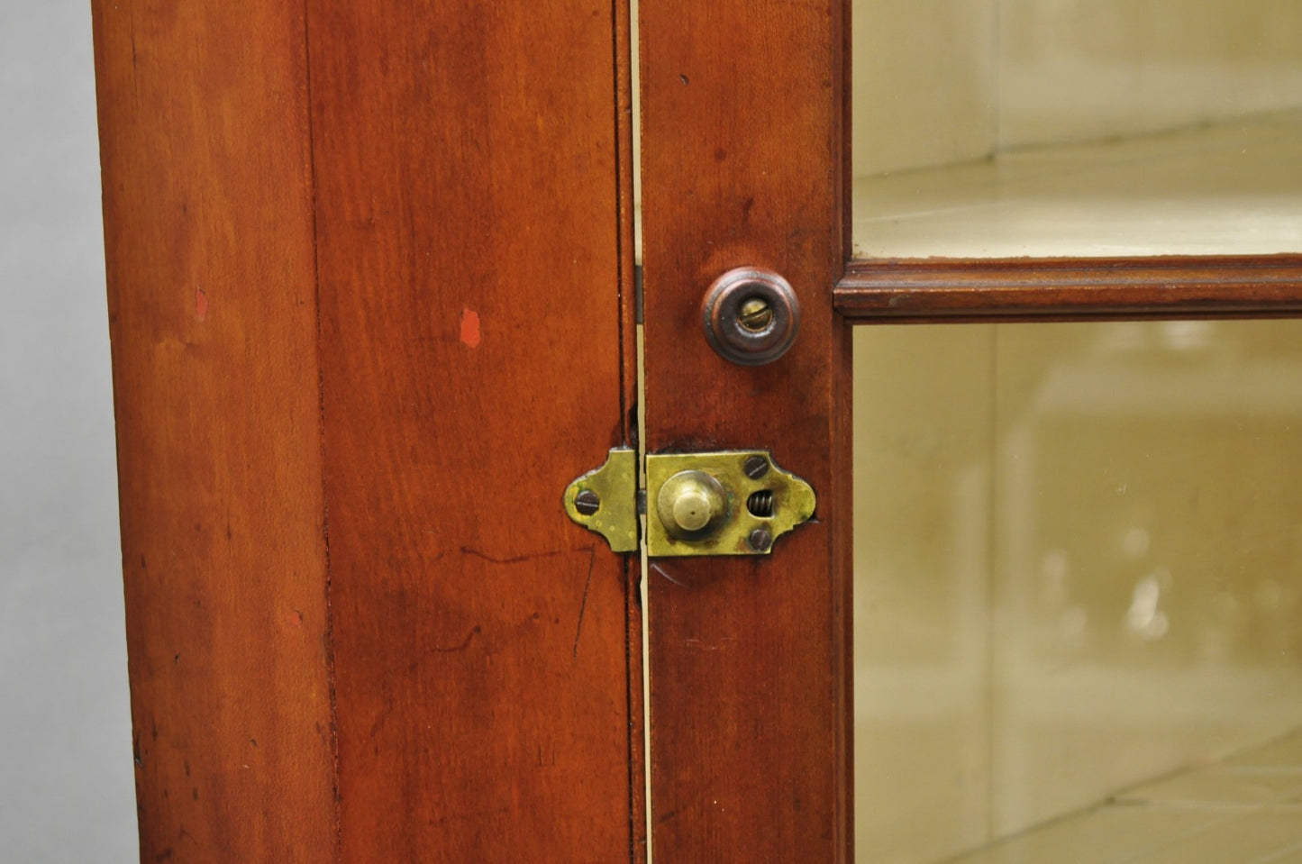 Antique Colonial Primitive Cherry Wood Glass Front Corner China Cabinet Cupboard