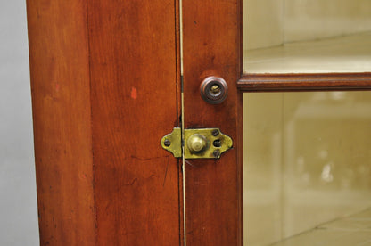 Antique Colonial Primitive Cherry Wood Glass Front Corner China Cabinet Cupboard