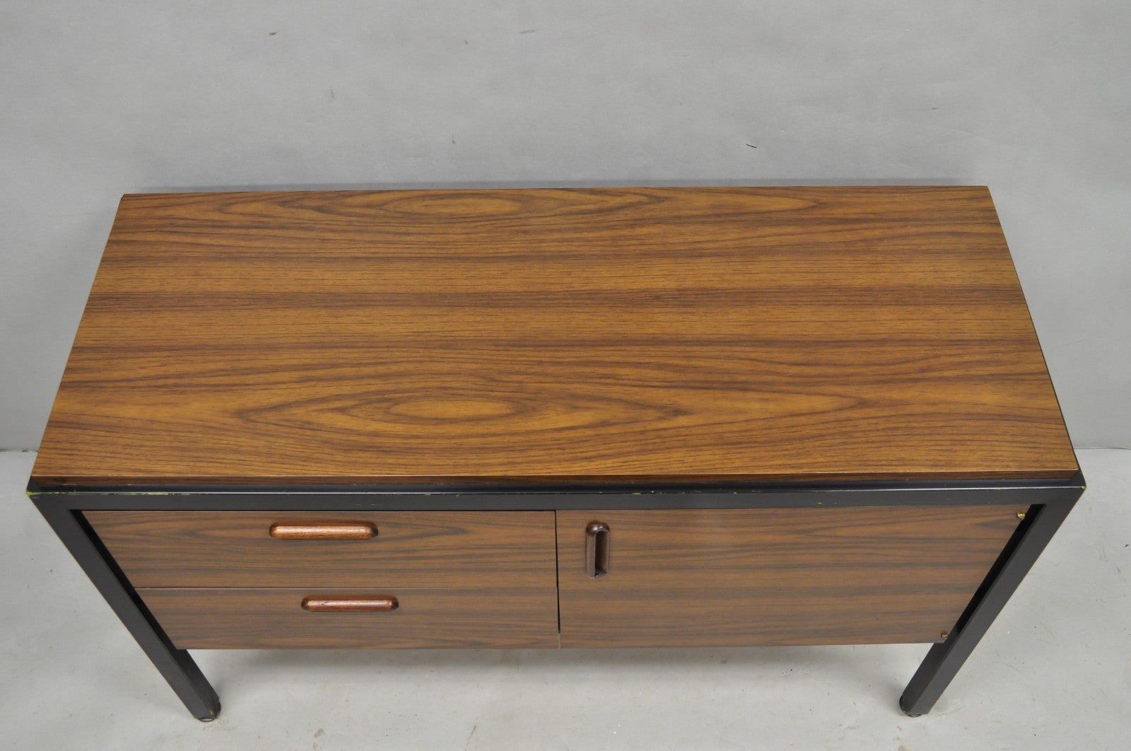 Vintage Mid Century Modern Faux Rosewood Laminate Steel Metal Credenza Cabinet