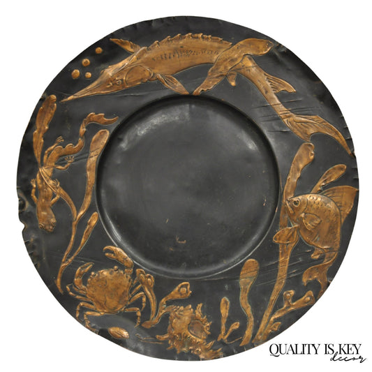 Antique Jugendstil Figural Copper Platter Charger of Fish by Steinicken & Lohr