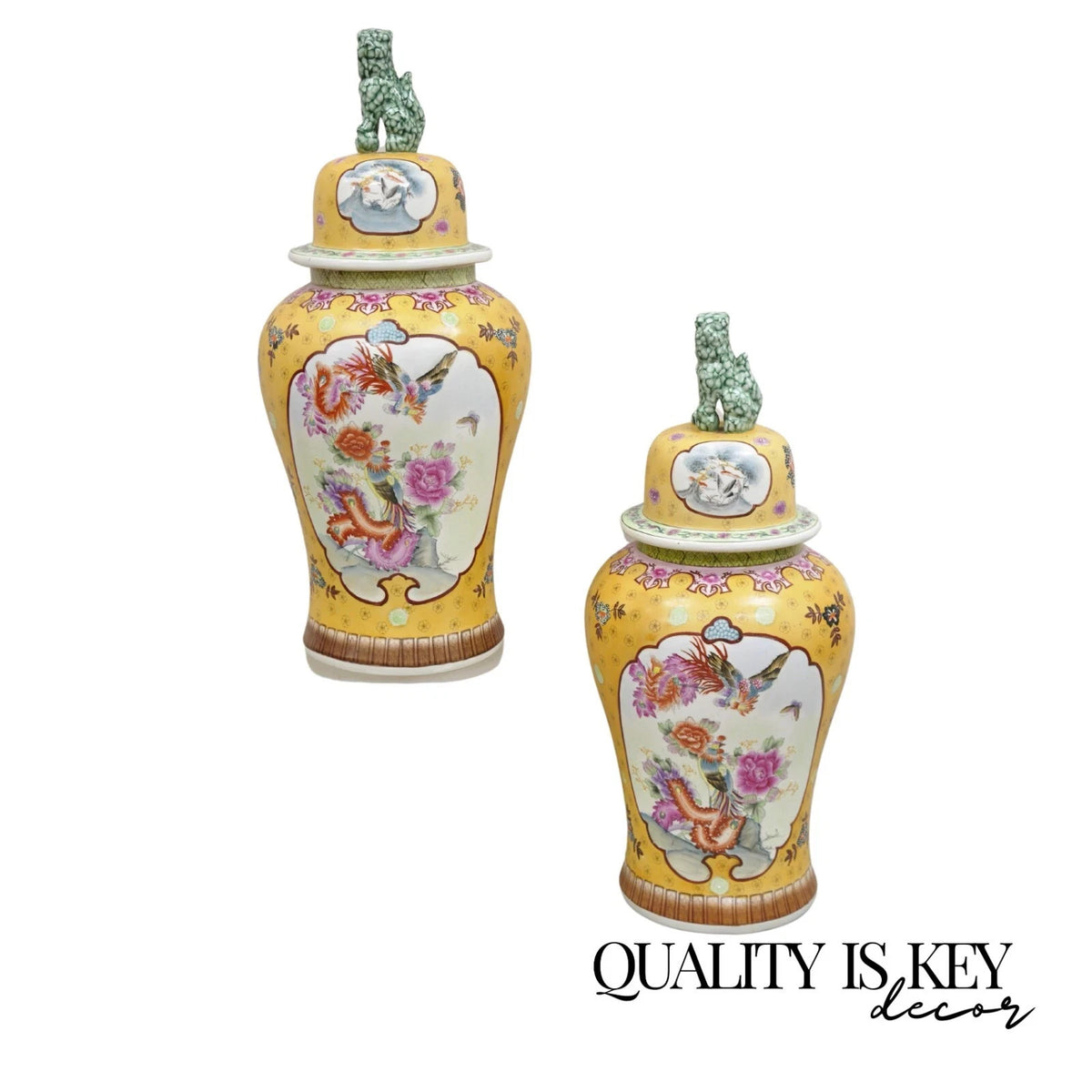 Vintage Chinese Porcelain Large Foo Dog Covered Temple Urns Ginger Jars - a Pair