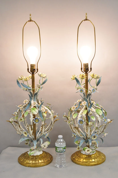 Vintage Italian Hollywood Regency Iron Tole Metal Painted Flower Table Lamp Pair