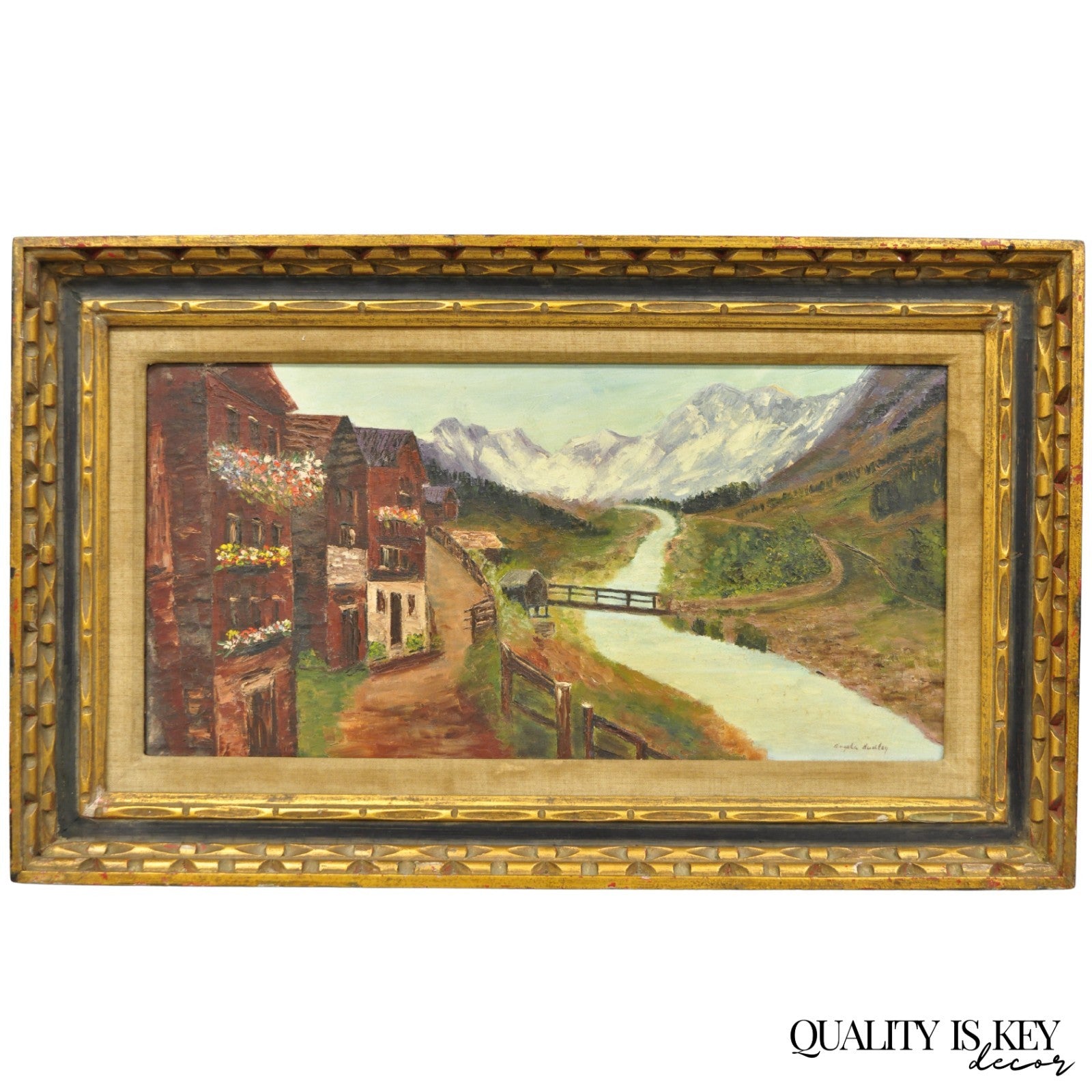 Vintage Angela Dudley "Lake Garda. Italy" Italian Hollywood Regency Oil Painting